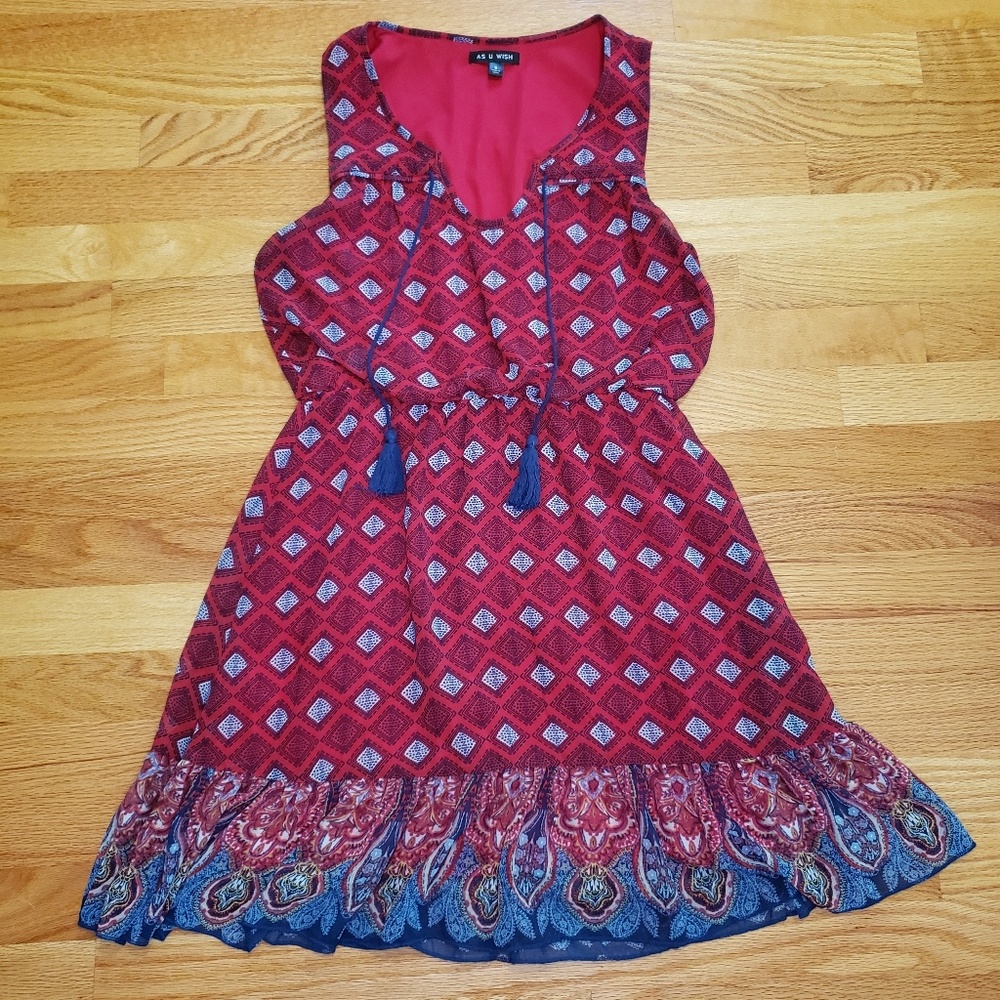 Red printed sleeveless dress w/ tassels